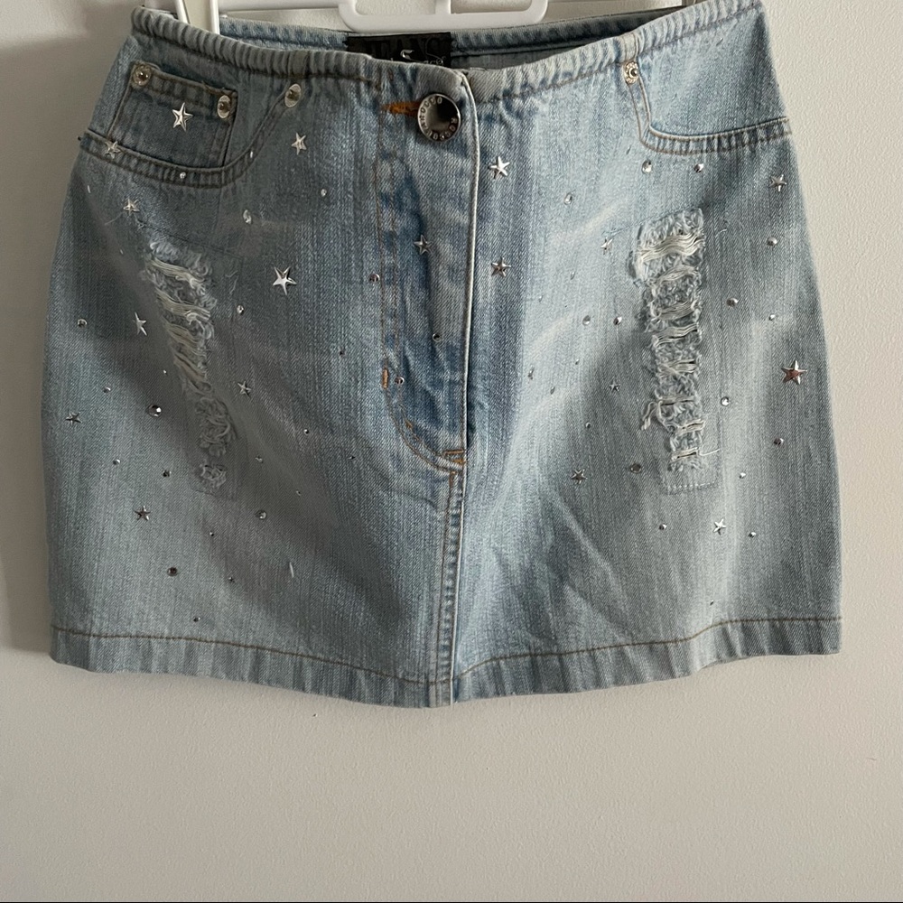 90s Roccobarocco distressed denim mini skirt with star studs
